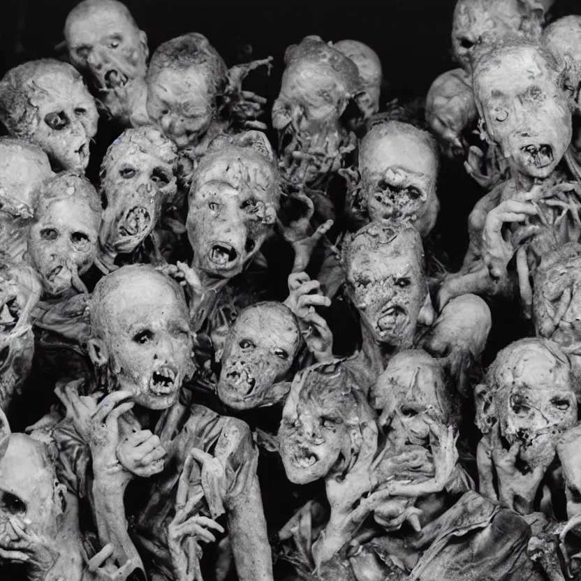Prompt: group of deformed irradiated people with acute radiation sickness flaking, melting, rotting skin wearing 1950s clothing in a 1950s nuclear wasteland. Group is living in a nuclear reactor. Photo is black and white award winning photo highly detailed, highly in focus, highly life-like, facial closeup taken on Arriflex 35 II, by stanley kubrick
