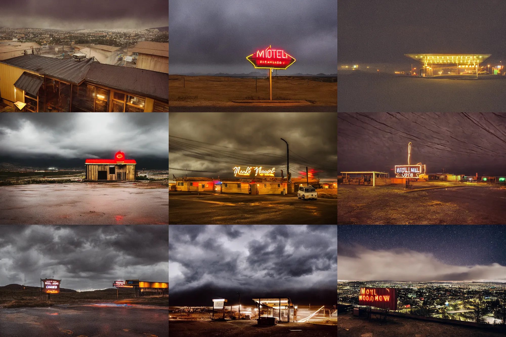 Prompt: photography, night, raining, ominous skies, a motel made of scrap wood, neon sign on the roof, at the top of a mountain, overlooking a desolate wasteland, depth of field, bokeh