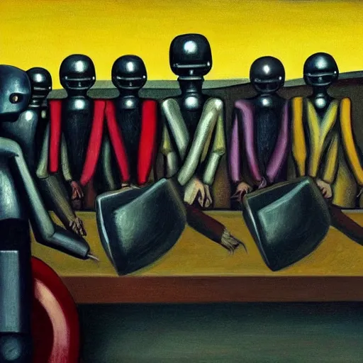 Prompt: drab human slaves on a conveyor belt, giant steel teeth, guarded by fascist robot overlords, brutalist facility, dystopian, pj crook, edward hopper, oil on canvas