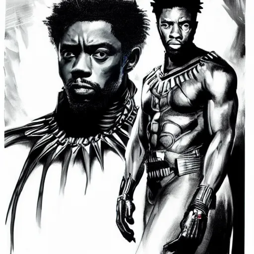 Image similar to chadwick boseman looking at a black panther, yoji shinkawa, tattoo design