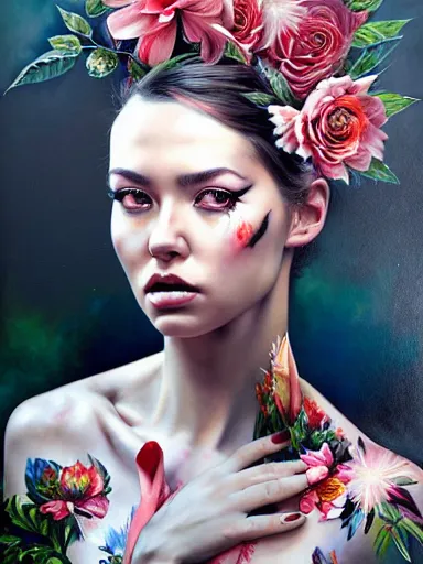 Image similar to portrait of lyndsey scott with a floral background : : painted by artgerm, karol bak, artur bordalo, sandra chevrier : : portrait, character, illustration, hyperrealism, photorealism