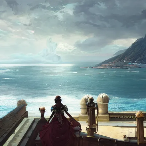 Prompt: a fijian queen looks down on her city from the palace balcony, giant sea walls keeping out the ocean after the ice caps melted, sci - fi art by greg rutkowski