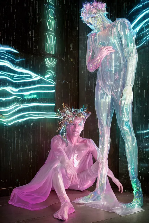 Prompt: full-body rococo and cyberpunk delicate crystalline sculpture of (((muscular slender Spanish male))) as an iridescent humanoid deity wearing a thin see-through ((plastic hooded cloak)) sim roupa, reclining con (las piernas abiertas), glowing pink face, crown of (((white lasers))), large diamonds, swirling black silk fabric. futuristic elements. oozing glowing liquid, full-length view. space robots. (((human skulls))). throne made of bones, intricate artwork by caravaggio. Trending on artstation, octane render, cinematic lighting from the right, hyper realism, octane render, 8k, depth of field, 3D