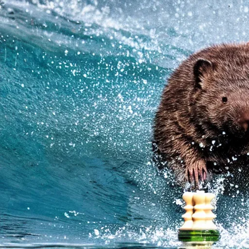 Image similar to wombat playing chess on spider - man painted paddle ski on waves dark ominous big waves dramatic