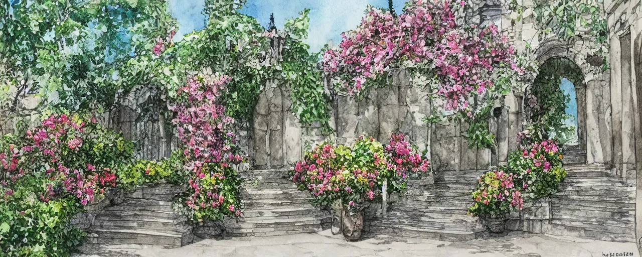 Prompt: huge flower, courtyard walkway, castle, stairway, chairs, wrought iron, gate, tree, delicate, botanic garden, road, botanical herbarium paper, watercolor colored painting, iridescent colors, 8 k, realistic shaded, fine details, artstation, italian style, colonnade