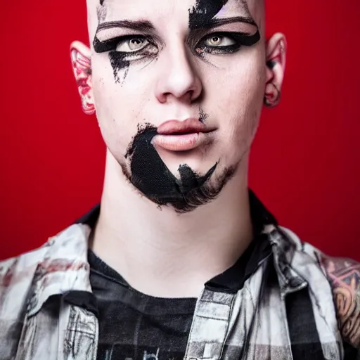 Image similar to young man with a short red dyed mohawk, red eyes and a slim face, dressed in punk clothing, punk style, headshot photo, attractive, handsome, in color, no lipstick, model