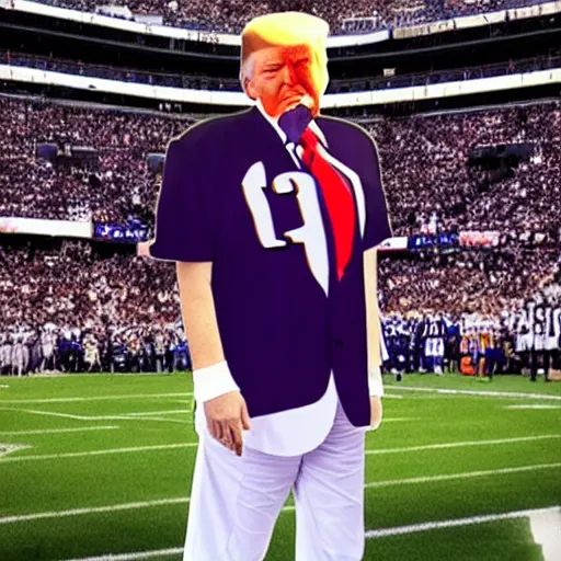 Prompt: “Donald Trump wearing a Baltimore Ravens jersey, ultra realistic, 8k”