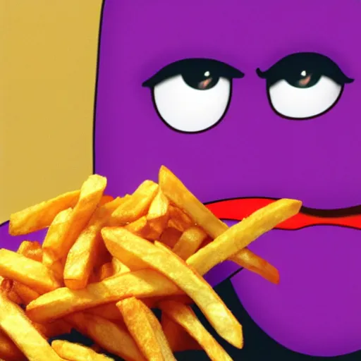 Image similar to real color photograph of grimace violently eating French fries