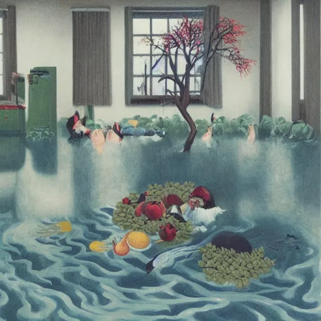 Image similar to painting of flood waters inside an apartment, tall female emo art student, a river flooding indoors, pomegranates, pigs, ikebana, water, river, rapids, waterfall, black swans, canoe, berries dripping, acrylic on canvas, surrealist, by magritte and monet