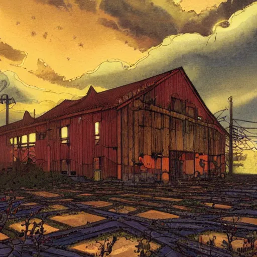 Prompt: painting of the old abandoned warehouse the middle of nowhere, depression - like, storm, lightning, sakura blossoms, concept art by mike mignola and thomas kinkade and marc simon