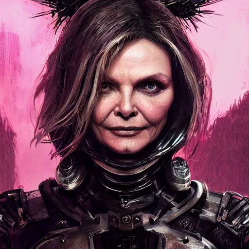 Prompt: michelle pfeiffer portrait, dystopia core, apocalyptic, armor, warrior, dramatic, sharp focus, fiction, neon, fantasy, hyper detailed, digital art, trending in artstation, cinematic lighting, studio quality, smooth render, unreal engine 5 rendered, octane rendered, art style and nixeu and wlop and krenz cushart