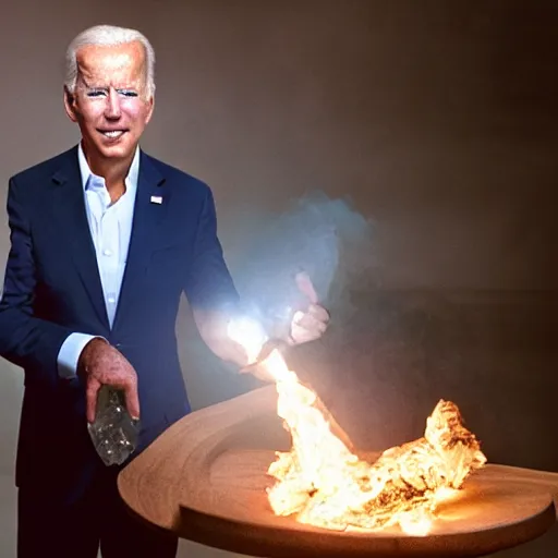 Prompt: UHD candid photo of Joe Biden holding up a big quartz crystal with Hunter Biden setting it on fire, UHD, photorealistic, correct face, photo by Annie Leibowitz