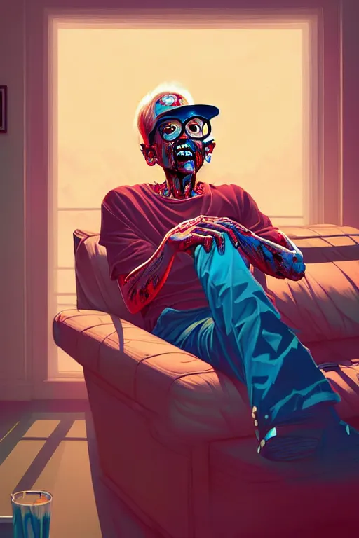 Image similar to a zombie dad sitting on the couch and watching tv, tristan eaton, victo ngai, artgerm, rhads, ross draws