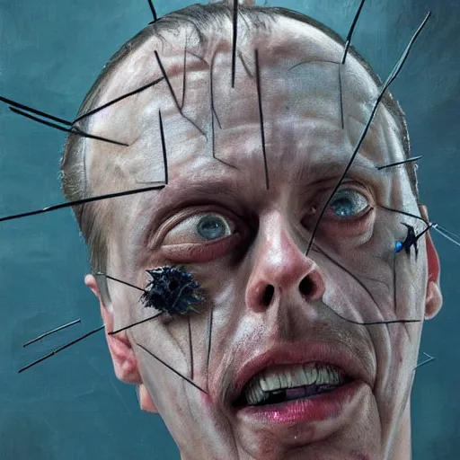 Image similar to hyperrealistic mixed media high resolution painting of (Steve Buscemi) !!Hellraiser!!, stunning 3d render inspired art by Jamie Salmon and István Sándorfi and Greg Rutkowski, perfect facial symmetry, dim volumetric lighting, 8k octane beautifully detailed render, full body shot, post-processing, extremely hyper-detailed, intricate, epic composition, highly detailed attributes, highly detailed atmosphere, cinematic lighting, masterpiece, trending on artstation, very very detailed, masterpiece, stunning, flawless completion, lifelike texture, perfection,