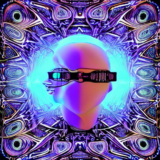 Prompt: a cibernetic artwork of a futuristic sound design superstar, centered image, with frames made of detailed fractals