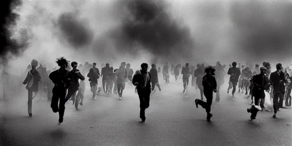 Image similar to street photo, revolution, smoke on the street, blurred thousands of people running, closeup, film photography, 1 9 8 0 s, exposed b & w photography, christopher morris photography, bruce davidson photography, peter marlow photography