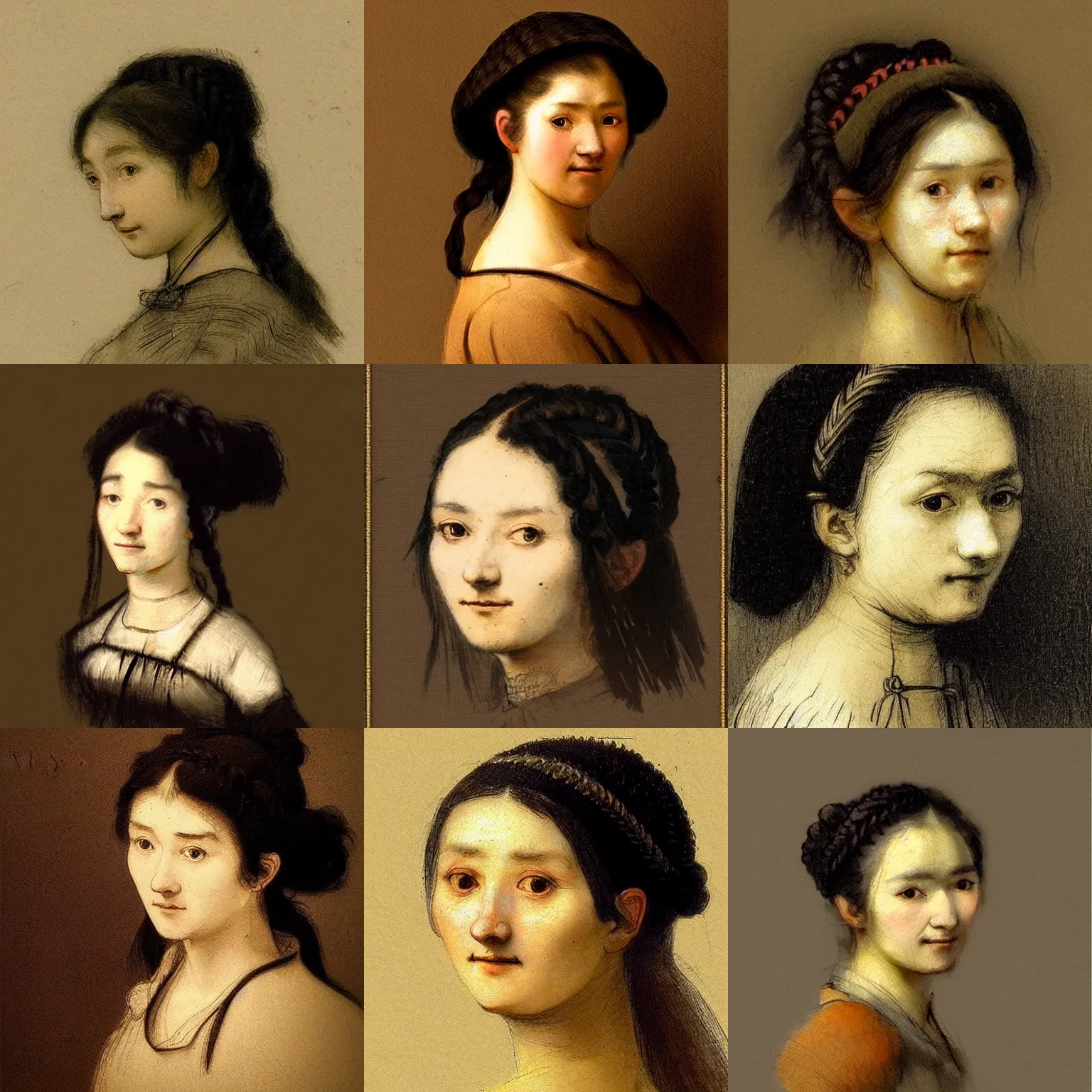 Prompt: a side's profilecontent of a sadly smiling black haired, young hungarian peasant woman from the 19th century who looks very similar to Lee Young Ae with a hair braid, detailed, sketch by Rembrandt, Csók István and da Vinci