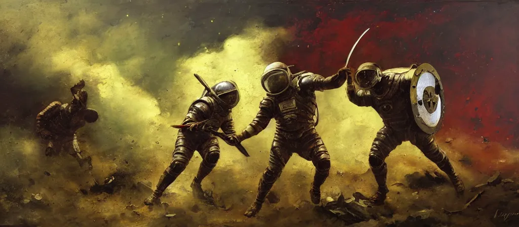 Image similar to battle scene, gladiator - astronaut using shield and knife, segmented armor, luminist style, tonalism, dramatic lighting, action scene, palette knife, frenetic brushwork, chiaroscuro, figurative art, detailed, proportions, spatter, dust, atmospheric, volumetric lighting, red iron oxide, raw sienna, and sage green