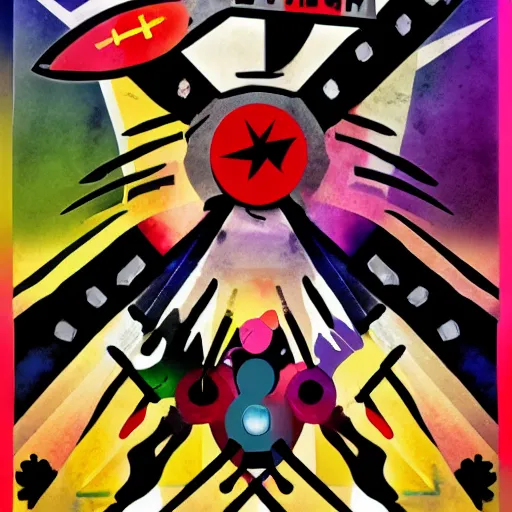 Image similar to counter strike kandinsky style poster, slogan, burned