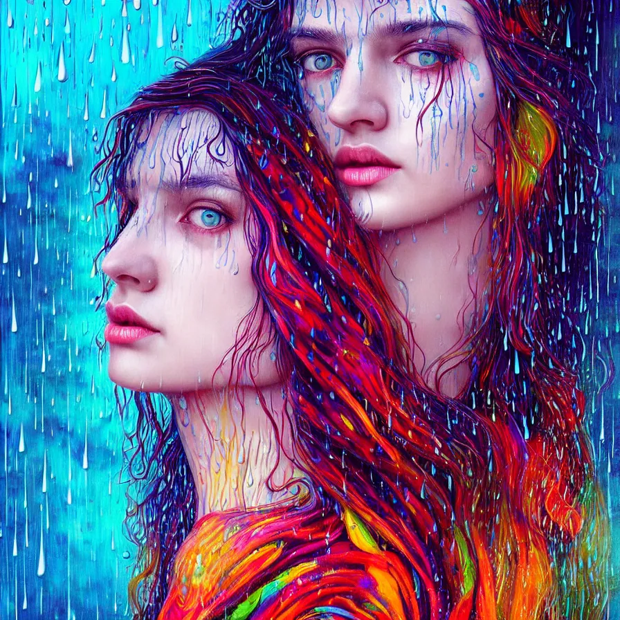 Image similar to bright asthetic portrait of LSD in rain with wet hair and face, liquid, fantasy, intricate, elegant, dramatic lighting, highly detailed, lifelike, photorealistic, digital painting, artstation, illustration, concept art, smooth, sharp focus, art by John Collier and Albert Aublet and Krenz Cushart and Artem Demura and Alphonse Mucha