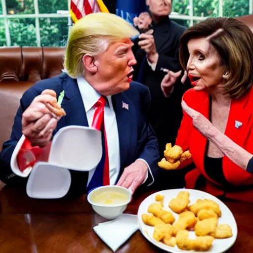 Image similar to Nancy pelosi feeding man baby Donald trump chicken nuggets who is sitting in a high chair, mannerism