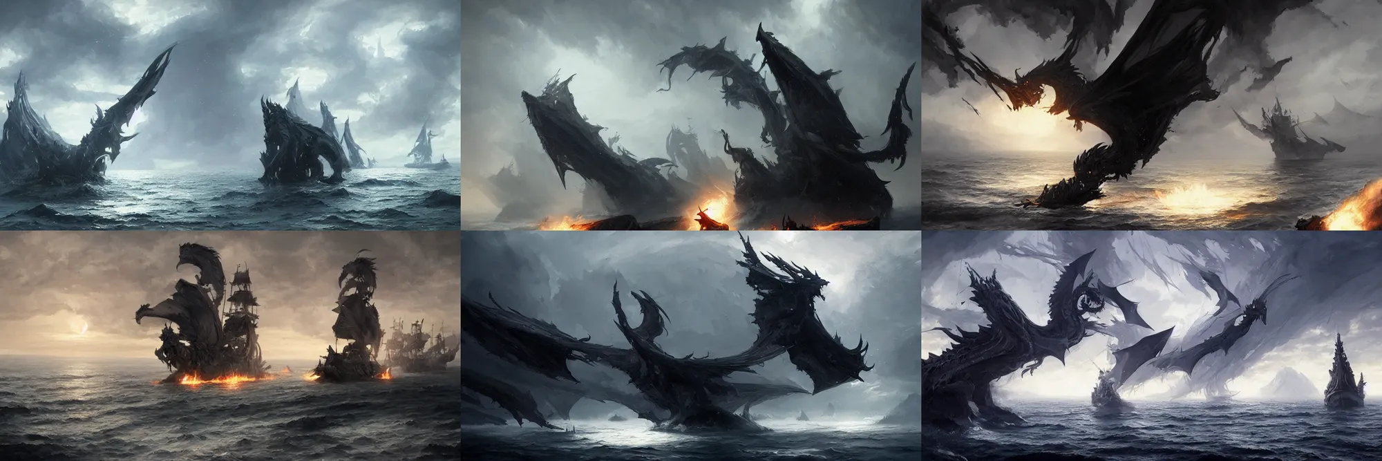 Prompt: A black dragon burns a white ship cinematic digital concept art by Greg Rutkowski