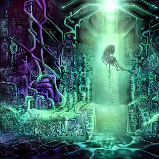 Prompt: basilisk of roko and the awakening of an ai with consciousness, surreal technological conceptual art magical cybernetic realism horror visions distopic and utopic art