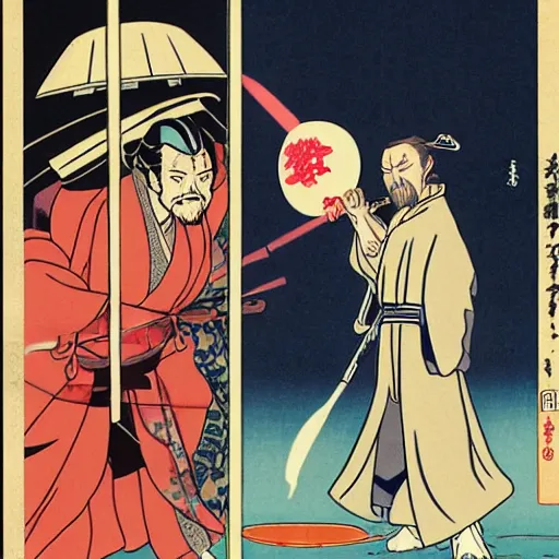 Prompt: Obi-wan Kenobi vs General Grievous ukiyo-e highly detailed