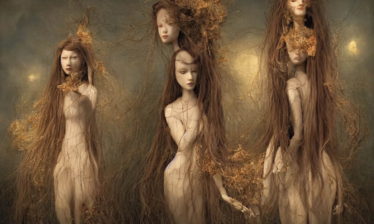 Image similar to a portrait of a beautiful female mannequin, a jointed wooden doll with long flowing hair, holding each other, big moths, big lilies, by James C. Christensen, by Tomasz Alen Kopera, 4K, rendered in Octane, cinematic, 3D, highly detailed