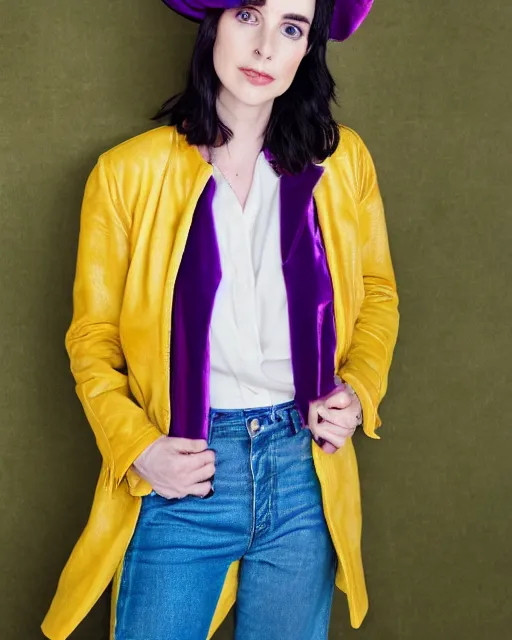 Prompt: super sharp portrait headshot of kristen ritter wearing a yellow leather jacket, green corduroy pants, a red silk blouse, and purple velvet top hat on her head, photoshoot in the style of annie leibovitz, photorealistic, samsung's 8 5 mm f 1. 4