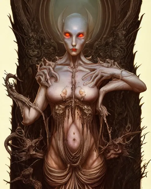 Prompt: perfectly centered portrait front view of a dead rotten beautiful female daemon growing ornamentation, ornate, detailed, symmetrical, elegant, beautifully soft lit, by wayne barlowe, peter mohrbacher, kelly mckernan