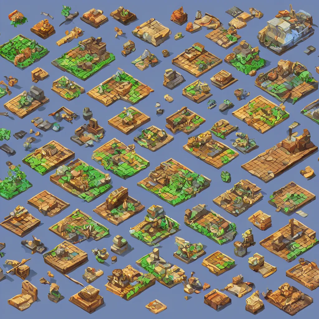 Prompt: isometric tileset pack for magic resource gathering game, png