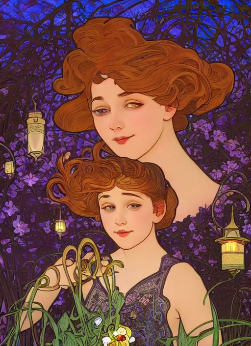 Prompt: well - lit art nouveau portrait of a young innocent girl with hair blowing in the wind in a flower garden with lanterns and fireflies at night,, natural lighting, path traced, highly detailed, high quality, cartoon, digital painting, by don bluth and alphonse mucha and ross tran