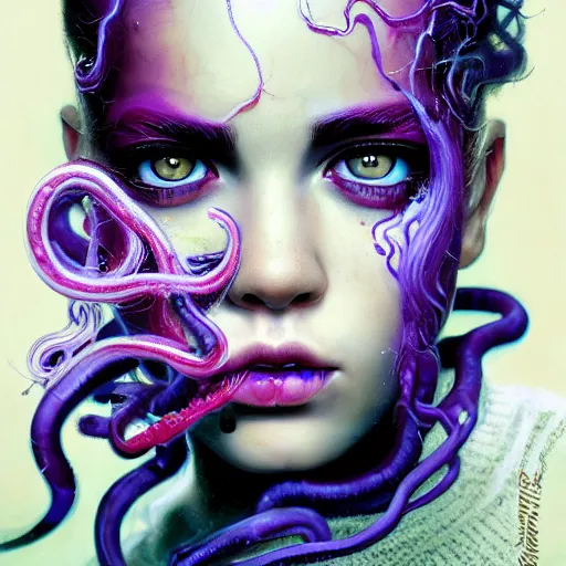 Image similar to detailed photo portrait of a furious teen girl with thin, hair-like purple tentacles on her head and bright purple eyes, 8k,by tristan eaton, Stanley Artgermm,Tom Bagshaw,Greg Rutkowski,Carne Griffiths,trending on DeviantArt, face enhance,hyper detailed ,full of colour, dramatic lightning