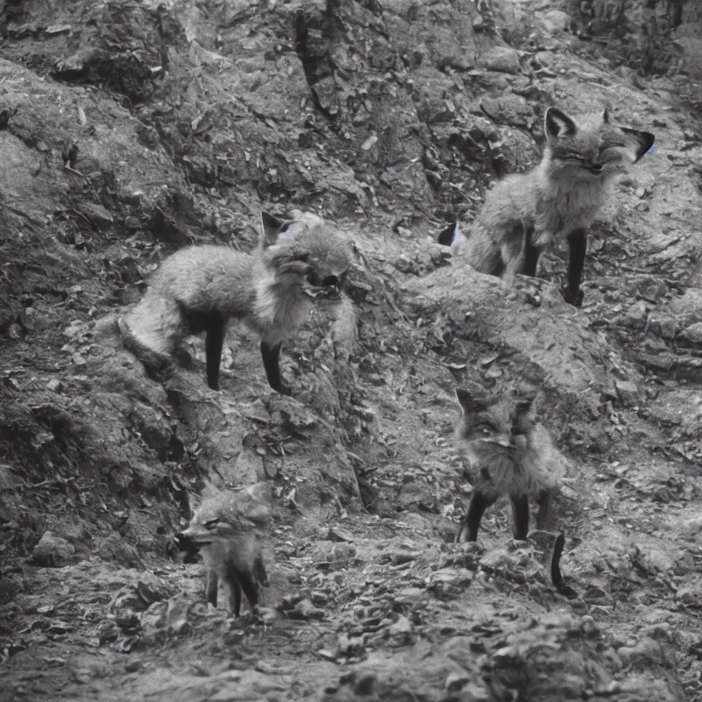 Image similar to anthropomorphic fox explores ancestral ruins, 1 9 3 0 s film still