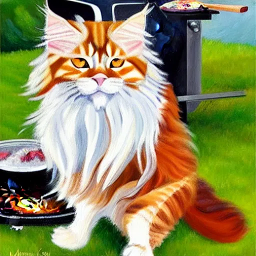 Image similar to beautiful impressionist painting of an ginger maine coon with a white beard cooking a bbq outside