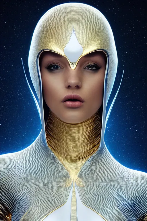 Image similar to detailed portrait glam cyber noun, attractive feminine curves, intricate, scifi, futuristic, elegant cape, elegant, alien room background, white, blue, gold, photorealism, trending on artstation, holy halo, advanced technology, art by moebius and vitaly bulgarov and chanthara