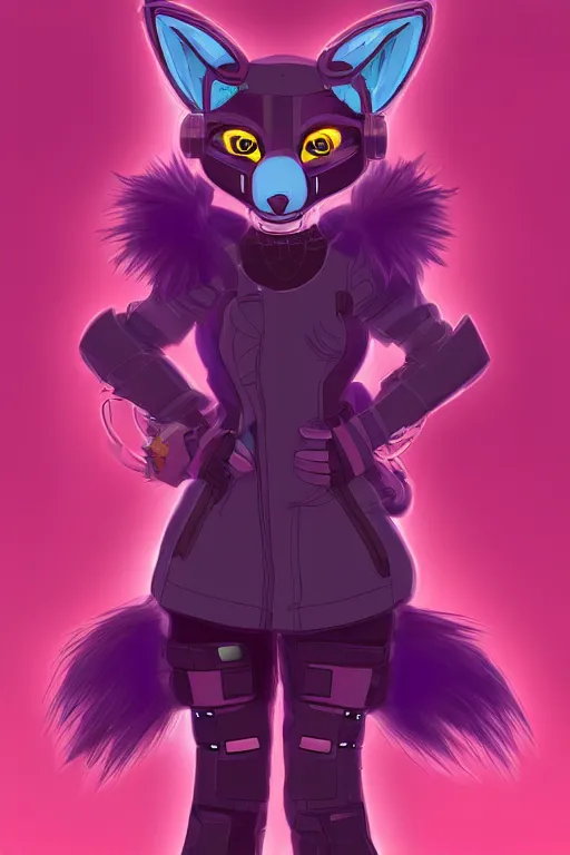 Prompt: a cute cyberpunk anthropomorphic fox with purple fur and yellow eyes and a fluffy tail, comic art, trending on furaffinity, cartoon, kawaii, backlighting, furry art!!!, cel shading, concept art, lineless