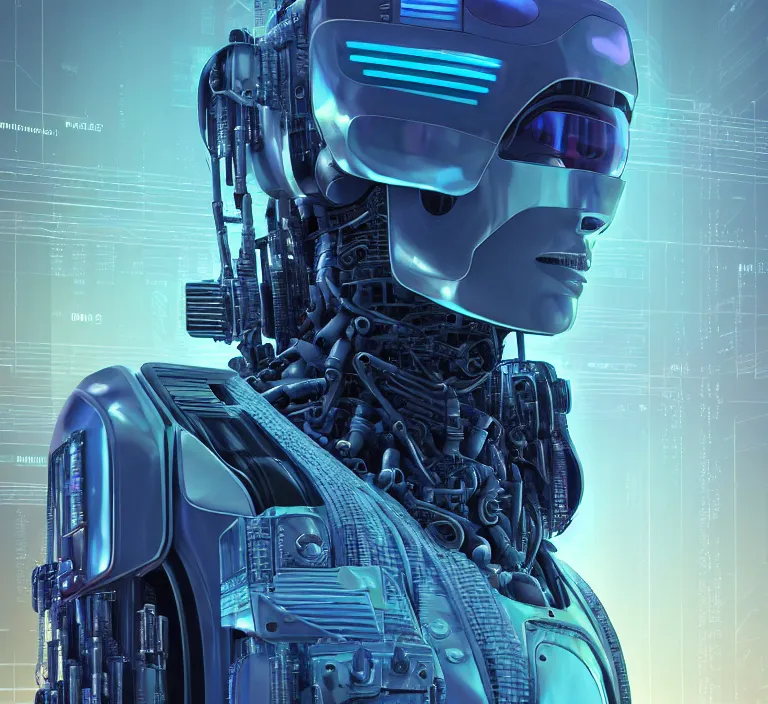 Image similar to hyperrealism stock photography of highly detailed stylish robot in cyberpunk sci - fi style by gragory crewdson and vincent di fate, mike winkelmann with many details by josan gonzalez working at the highly detailed data center by mike winkelmann and laurie greasley hyperrealism photo on dsmc 3 system rendered in blender and octane render