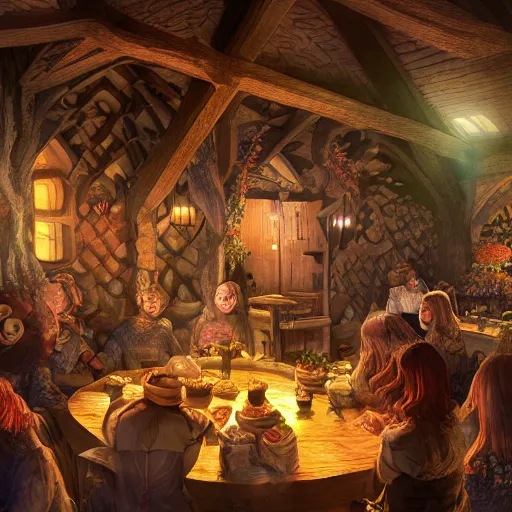 Image similar to a party inside a medieval hobbit house, ornate, beautiful, atmosphere, vibe, flowers, concept art illustration, color page, 4 k, tone mapping, doll, akihiko yoshida, james jean, andrei riabovitchev, marc simonetti, yoshitaka amano, digital illustration, greg rutowski, volumetric lighting, sunbeams, particles