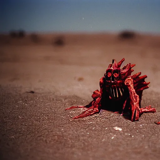 Image similar to in the desert a bloody horrifying The Thing creature made of muscle and bone and blood, mid day, 35mm photography, realistic,