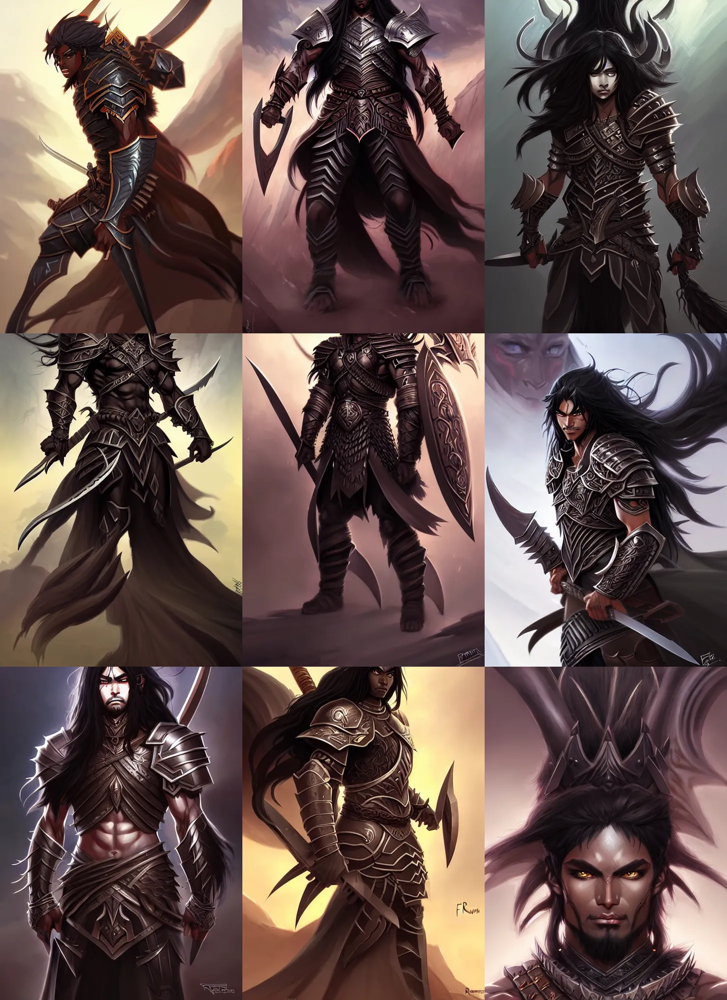 Prompt: beautiful warrior lord, black long hair, practical armor, brown skin, demonic eyes, low fantasy, extremely detailed, sharp focus, smooth, digital illustration, by rossdraws, frank franzzeta, sakimichan