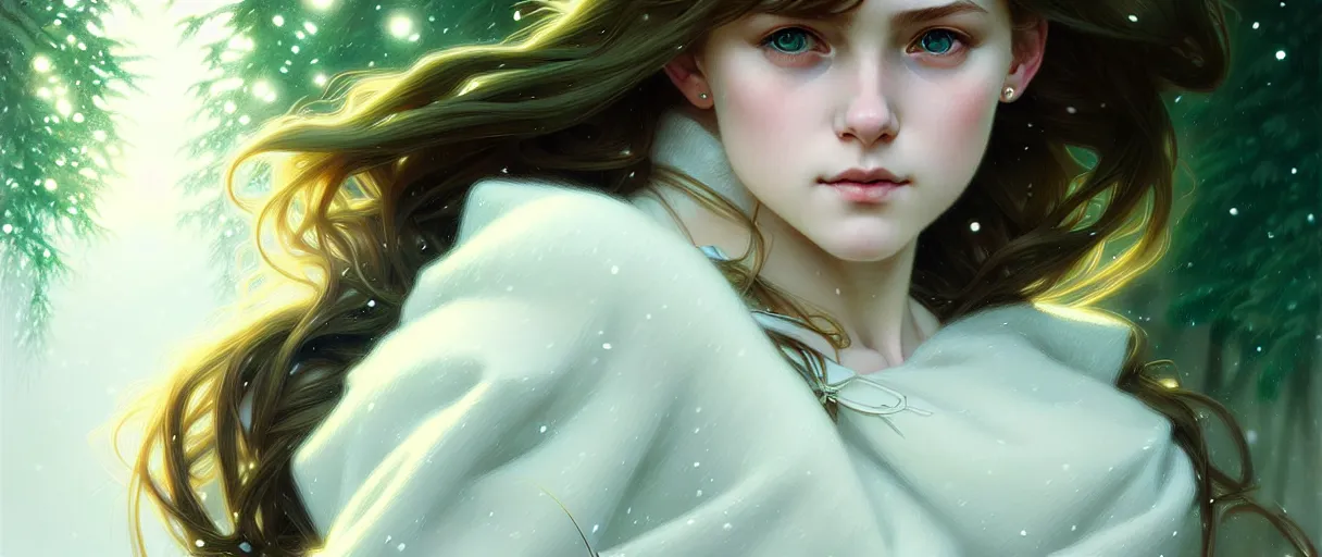 Prompt: ultra realistic illustration, young girl teenager, green eyes, white clothes, intricate, elegant, winter is coming, highly detailed, digital painting, artstation, concept art, smooth, sharp focus, illustration, art by artgerm and greg rutkowski and alphonse mucha