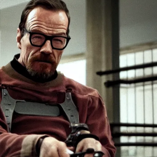 Prompt: Headcrab attacks Bryan Cranston as Gordon Freeman, still from a movie