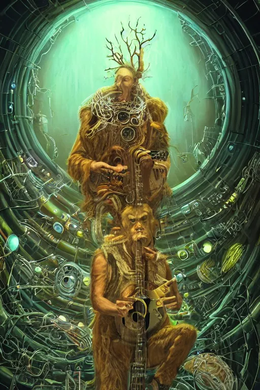 Image similar to portrait of a druid playing an electronic!!-musical-instruments, intricate, stunning, highly detailed, digital painting, artstation, concept art, smooth, sharp, focus, illustration, michael whelan, inside an a space station recording studio filled with strange surrealist detailed alien electronic and acoustic musical-instruments!! with blinking LEDs and oscilloscopes on screens in detailed alien interiors, backlit fog, designed by Larry Elmore Kerlaft and Pixar, photorealistic, 3d render, award winning render, unreal engine, octane render, studio lighting, 8k, hd