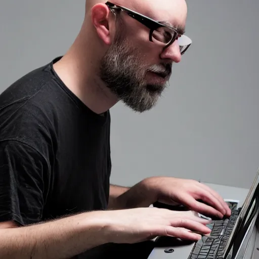 Image similar to High resolution!! Typical bald experimental electronic musician at laptop!! profile picture, 8K, Canon