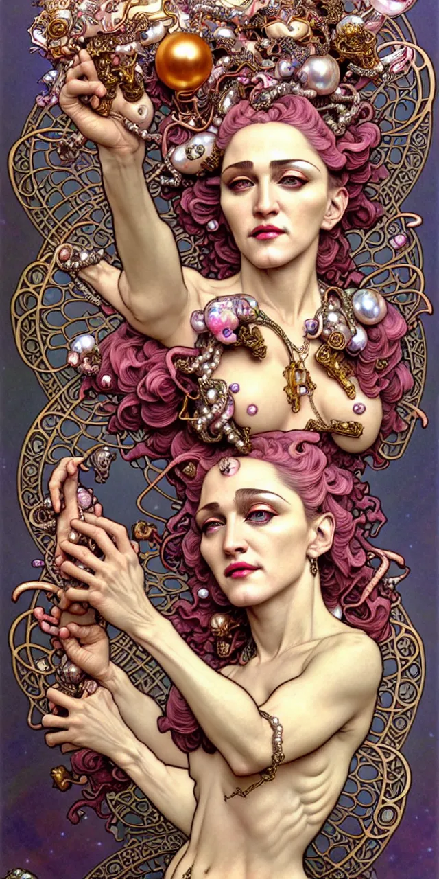 Prompt: beautiful madonna art nouveau fantasy character portrait, ultra realistic, intricate details, the fifth element artifacts, highly detailed by peter mohrbacher, hajime sorayama, wayne barlowe, boris vallejo, aaron horkey, gaston bussiere, craig mullins alphonse mucha, art nouveau curves swirls and spirals, flowers pearls beads crystals jewelry goldchains scattered