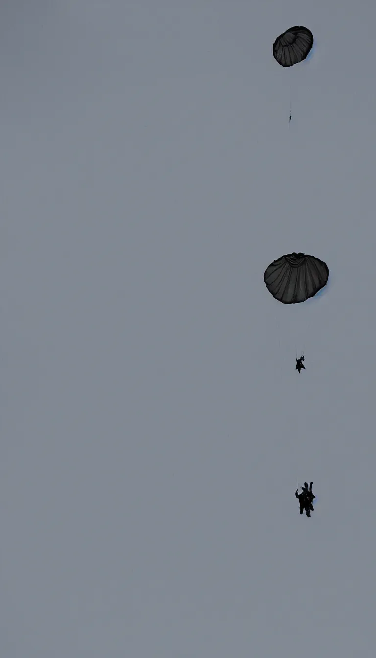 Prompt: high definition famous art of a single man going into dark space by parachute, view of 24 mm lens, highly detailed