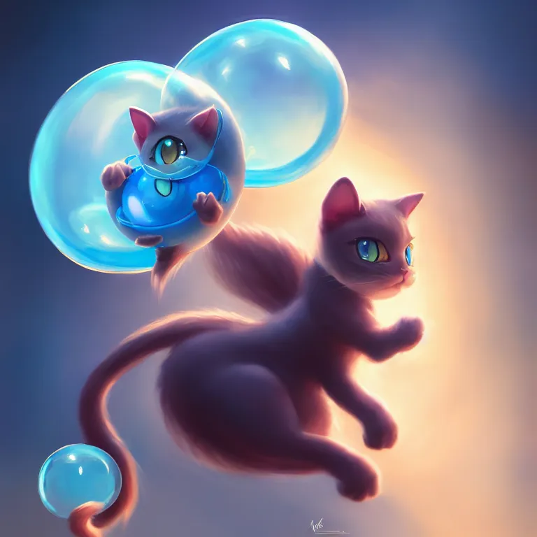 Image similar to cinematic portrait of cute Mew riding large blue bubble, oil on canvas, masterpiece, trending on artstation, featured on pixiv, cinematic composition, dramatic pose, beautiful lighting, sharp, details, hyper-detailed, HD, HDR, 4K, 8K