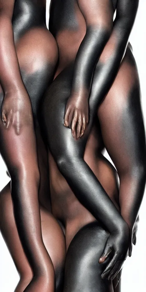 Prompt: human bodies intertwined, skin made of colored latex mixing with black leather, hyperrealistic